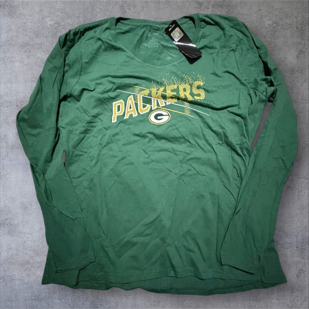 NFL Team Apparel Green Bay Packers Women XL Green V-Neck Long Sleeve Graphic Tee
